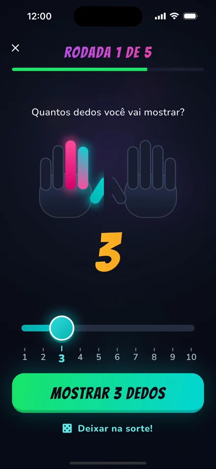 Tela dos dedos no app: a pergunta “Quantos dedos você vai mostrar?”, o número 3 escolhido numa régua de 1 a 10 e o botão Mostrar 3 dedos.
