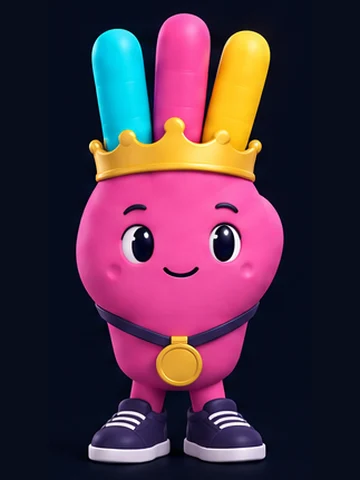 Trinca, uma mão rosa com três dedos levantados, de coroa dourada e medalha.