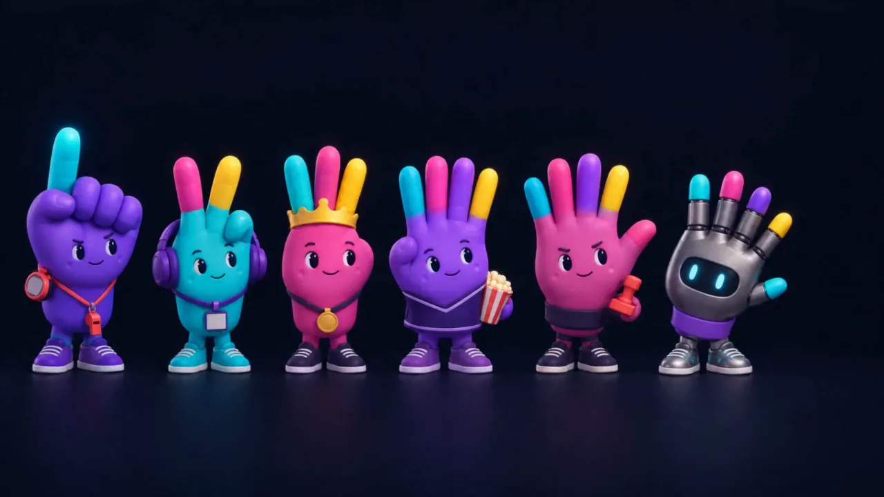 Pique, Duda, Trinca, Quadra e Palma, mãos coloridas que mostram de 1 a 5 dedos, ao lado do robô Bit.
